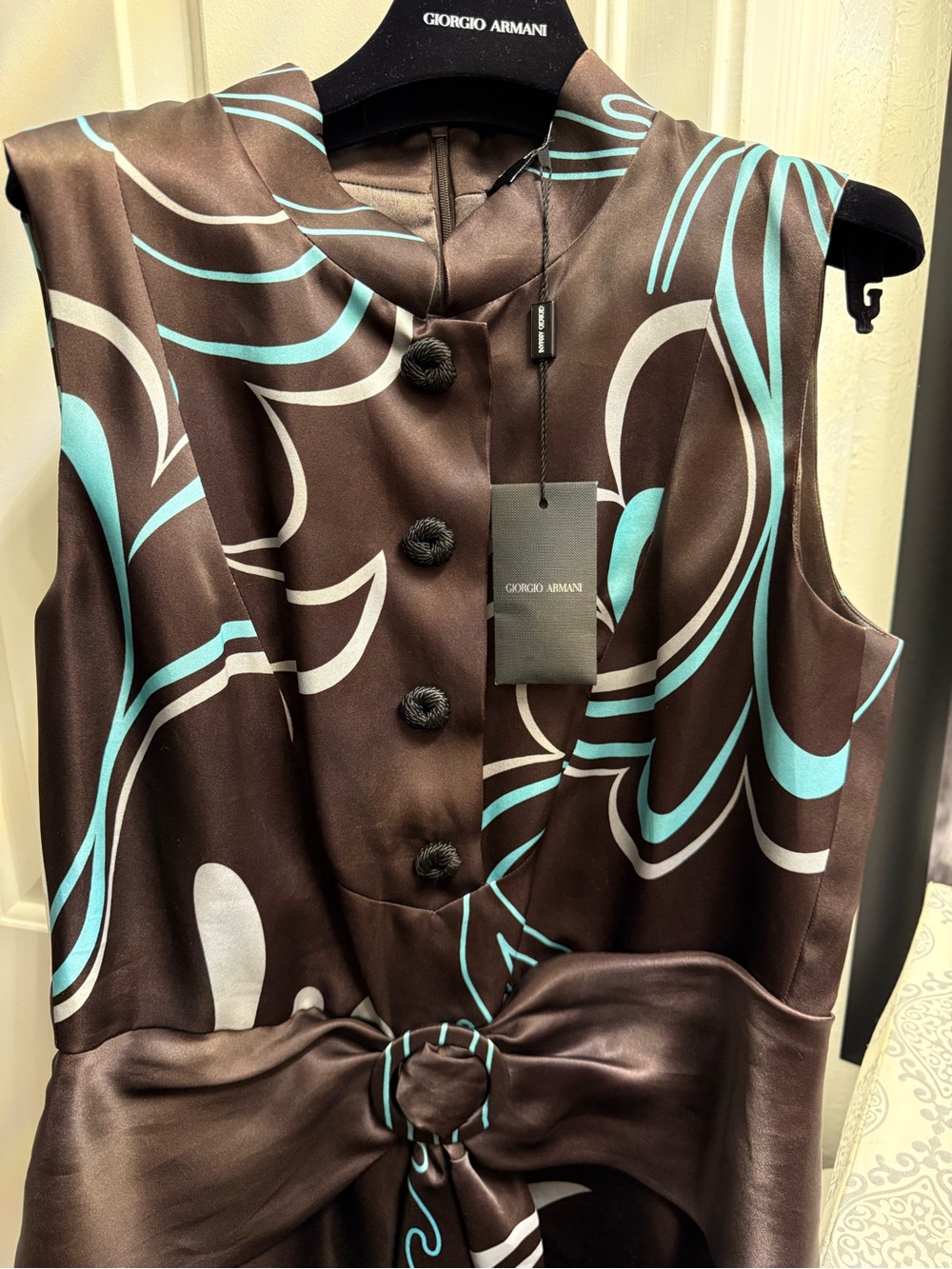 Giorgio Armani Brown Silk Dress with Turquoise & White Swirl Print
